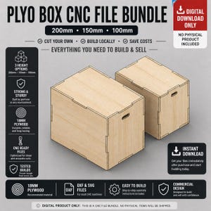 May include: Two light-colored wooden plyo boxes with a CNC file bundle title. The boxes have a rectangular shape with hand cutouts. The text indicates the boxes are available in 200mm, 150mm, and 100mm heights. The product is a digital download.
