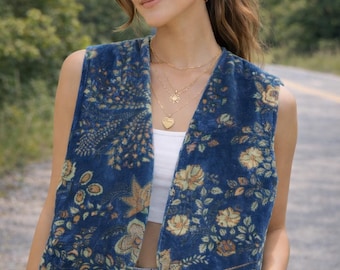 Elegant Floral print velvet vest coat for women, Bohemian & hippie style vest