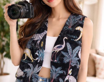 Velvet Jungle Print Vest: Sleeveless Statement Outerwear
