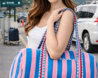 Pink & Blue Striped Quilted Cotton Duffle Bag, Travel Tote