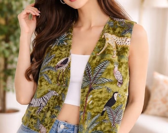 Velvet Jungle Print Vest: Sleeveless Statement Outerwear