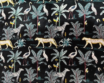 Black Velvet Fabric with Jungle Safari Print | Exotic Animal & Tropical Forest Design