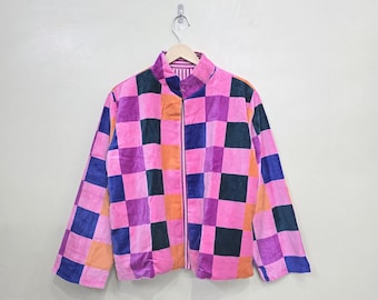Checks print velvet multicolor jacket , Winter unisex coat, Gift for festivals