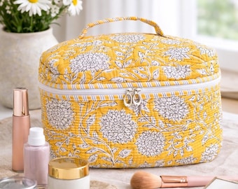 Yellow Floral Quilted Cotton Vanity Pouch , Cosmetic organizer , Makeup bag