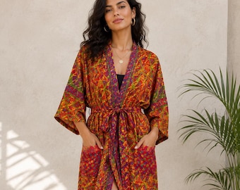 Handcrafted Geometric Print Silk Kimono Robe – Long Bohemian Open Front Kimono with Pockets