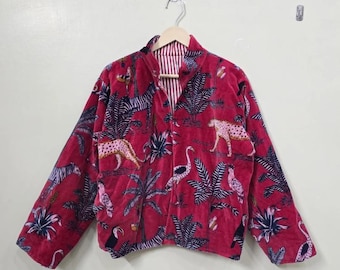 Red  jungle print velvet printed jacket , Boho style winter unisex coat