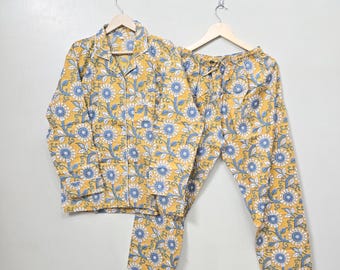 Yellow Cotton Floral Print Night Suit Set