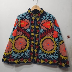 Denim embroidered jacket, Floral embroidery, Boho denim coat, Cozy winter wear, Unisex coat, Gift for her