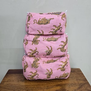 cotton toiletry pouch , Tiger print bag, Quilted pouch, Cosmetic pouch , Set of 3 piece, Premium cotton, Travel pouch
