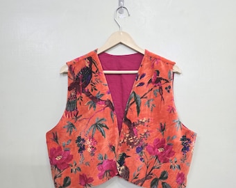 Floral & Bird Print Orange Velvet Sleeveless Vest – Luxury Designer Nature Inspired Outerwear