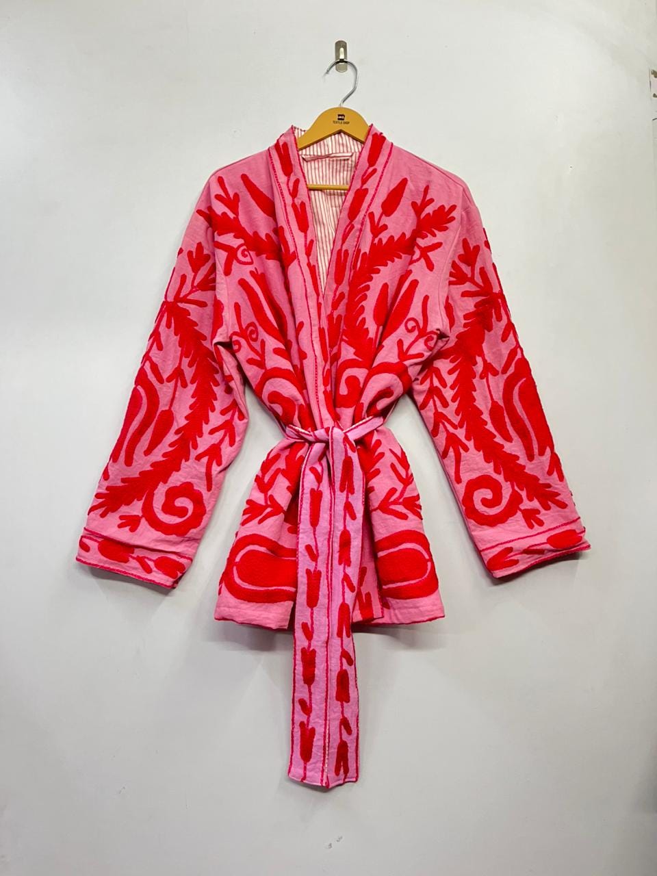 Pink Cotton Embroidered Kimono Jacket With Bold Red Floral Motifs - Etsy
