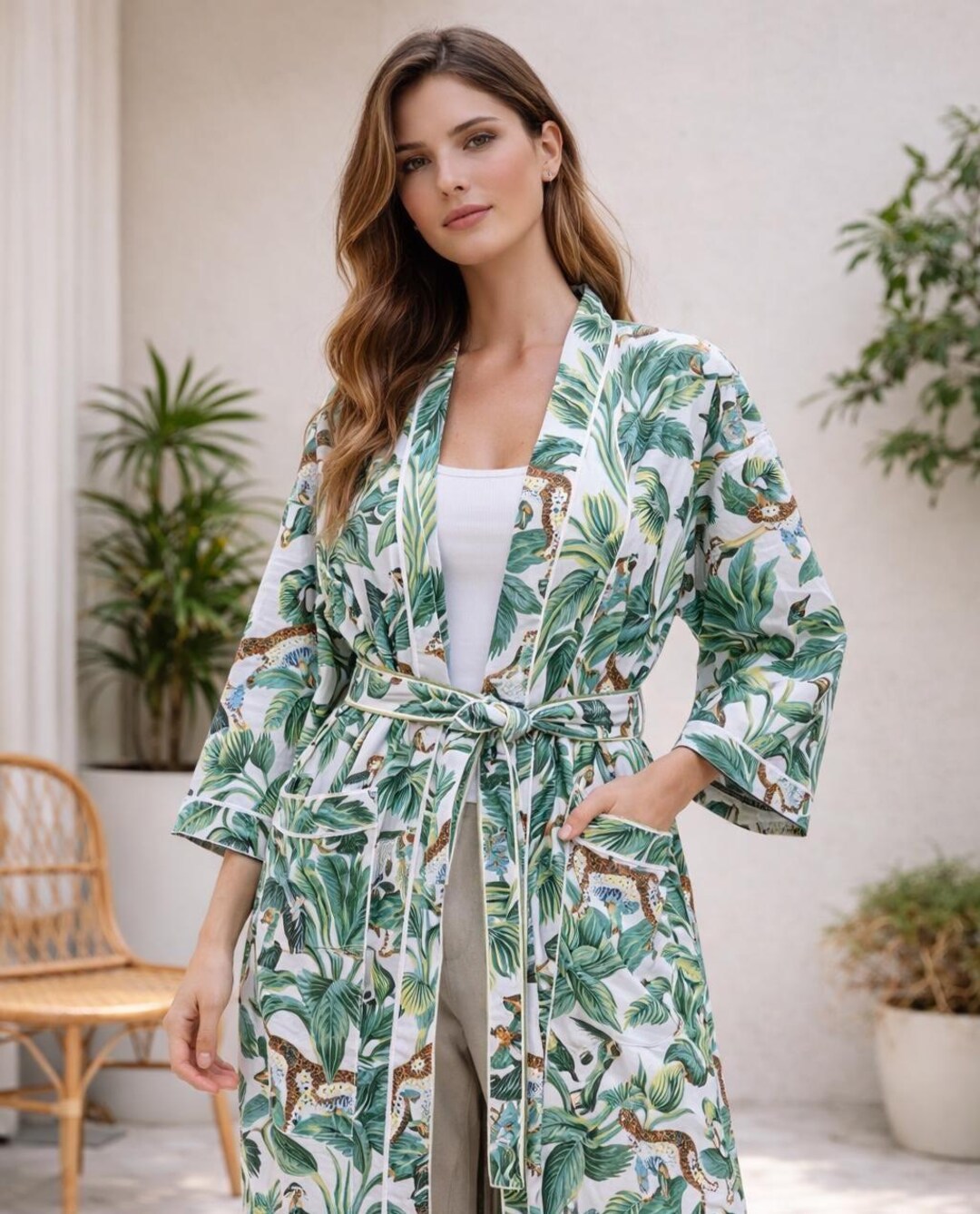 Shimpan Robe White Safari Jungle Printed Cotton Kimono , Summer Robe - Etsy
