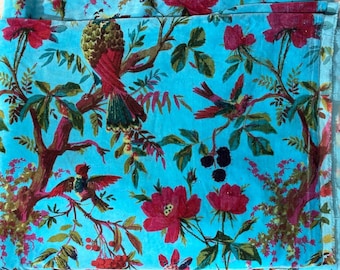 Blue Velvet Fabric: Bird & Floral Print, Unstitched Dressmaking Material