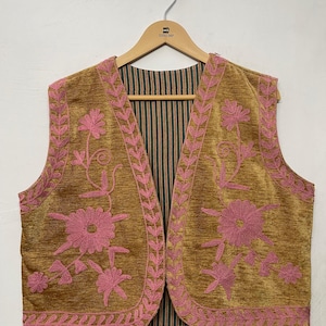 Gilet Brodé Classique Sans Manches Ouvert Sur Le Devant Pour Femme, Gilet En Velours, Gilet D'automne Pour Femme, Veste D'extérieur, Kaki, XS