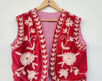 Pink Velvet Hand-Embroidered Floral Vest , Sleeveless jacket ,
