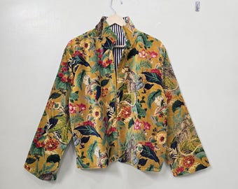 Mustard Velvet Jungle Print Jacket with Tiger & Bird Motif