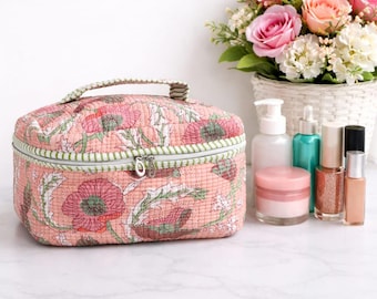 Peach Floral Quilted Cotton Vanity Bag with Top Handle