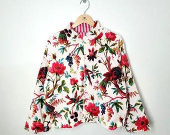 Floral & Bird Print Velvet Jacket – White Vintage Boho Style