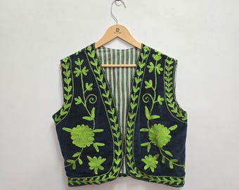 Samt Suzani bestickte Weste: Ärmellose Boho Weste
