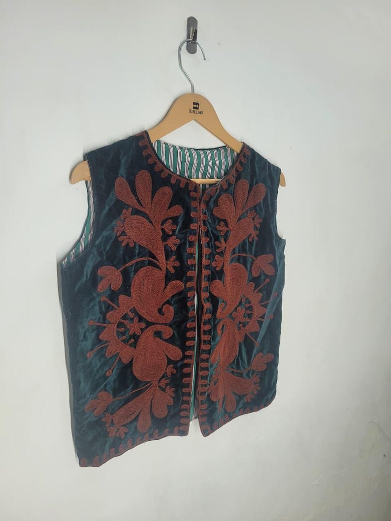 Rust Color Vest Dark Green Velvet Vest With Rust Embroidered Floral Design - Etsy