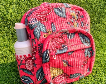 Mochila escolar acolchada de algodón con estampado floral rosa