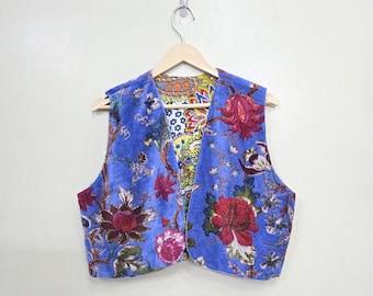 Blue Flower Print Velvet Sleeveless Vest – Elegant Nature Inspired Designer Outerwear for Stylish Layering