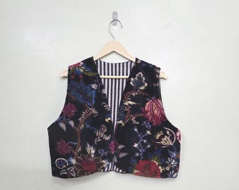 Black Velvet Floral Print Vest - Designer Sleeveless Outerwear