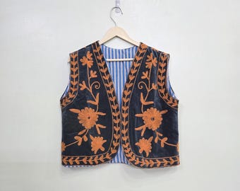 Orange Floral Embroidery on Black Velvet Fabric Sleeveless Vest