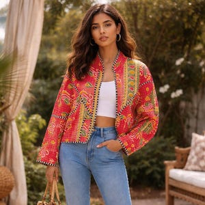 Vibrant Red Floral Patchwork Kantha Jacket – Handmade Quilted Cotton Crop Jacket