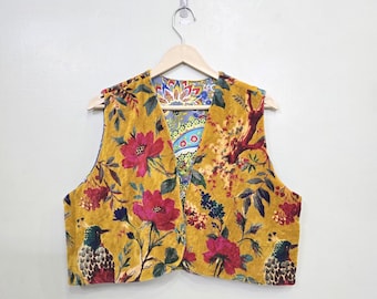 Luxury Velvet Flower & Bird Print Sleeveless Vest – Artistic Nature Inspired Designer