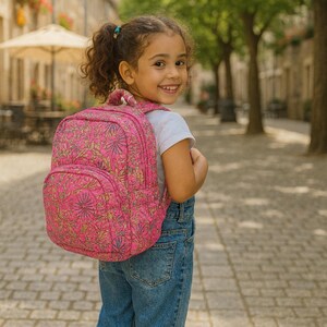Puede incluir: Una mochila rosa con estampado floral es llevada por una persona joven. La mochila tiene un bolsillo frontal y correas acolchadas. La persona lleva vaqueros azules y una camiseta blanca. El fondo muestra una calle adoquinada y edificios.