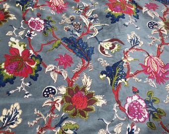Blue Velvet Fabric with Multicolor Floral Print