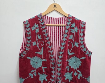 Velvet Suzani Vest: Embroidered Boho Floral Waistcoat