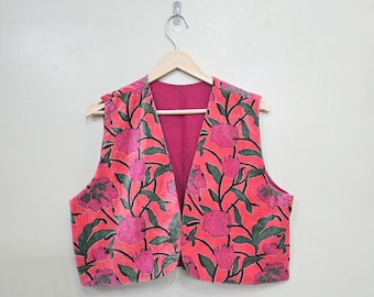Orange floral print velvet sleeveless vest coat for women's