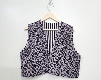 Grey leopard Velvet Vest Coat – Sleeveless Vintage Inspired Outerwear for Women