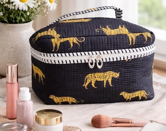 Black Quilted Cotton Vanity Bag with Yellow Animal Print