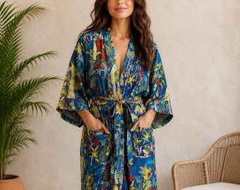 Blue Tropical Frida Print Cotton Kimono Robe with Belt – Boho Lounge Cover-Up