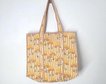 Golden Mushroom Print Quilted Cotton Tote Bag