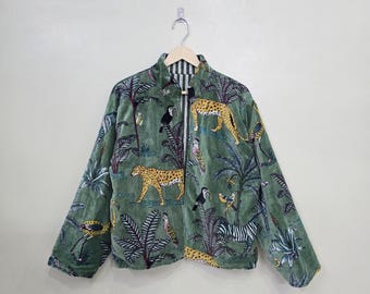 Sage Green Velvet Jacket | Jungle Safari Wildlife Print, Boho Cropped Style