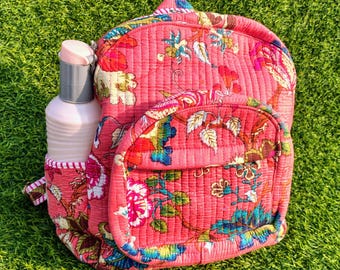 Mochila acolchada de algodón con estampado floral rosa, mochila escolar, mochila infantil.