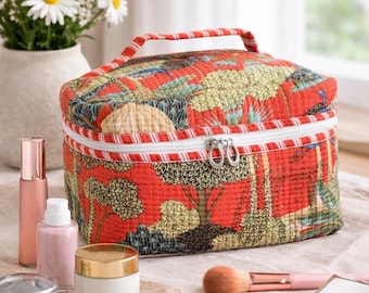 Handcrafted Quilted Cotton Vanity Bag with Nature-Inspired Print