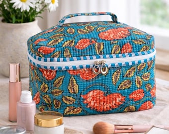 Floral Printed Quilted Cotton Cosmetic Organizer , Vanity bag