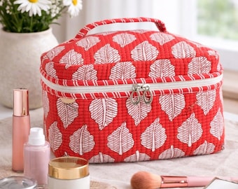 Red Leaf Print Quilted Cotton Vanity Bag , Cosmetic organizer
