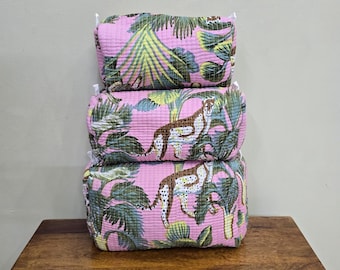Tiger Print Quilted Toiletry Pouch: Boho Travel Makeup Bag