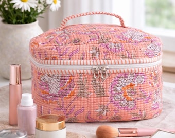 Peach Floral Quilted Cotton Vanity Pouch , Cosmetic organizer