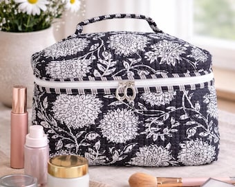 Black & White Floral Quilted Cotton Vanity Pouch