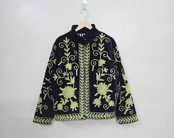 Handmade Velvet Embroidered Jacket, Green Floral Coat, Unisex