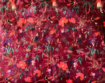 Bird & Floral Print Velvet Fabric: Soft Plush Material for Sewing