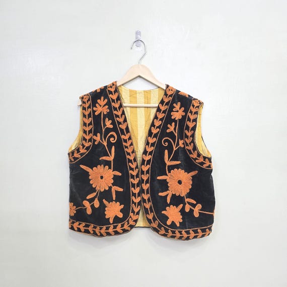 Embroidered Black Velvet Sleeveless Vest – Orange Floral Design - Etsy