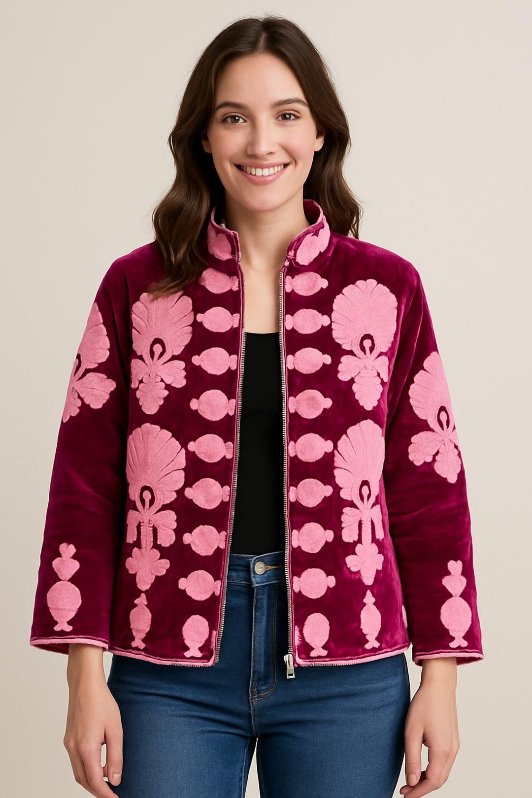 ピンクの花柄刺繍が施されたマゼンタベルベットジャケット - Etsy 日本